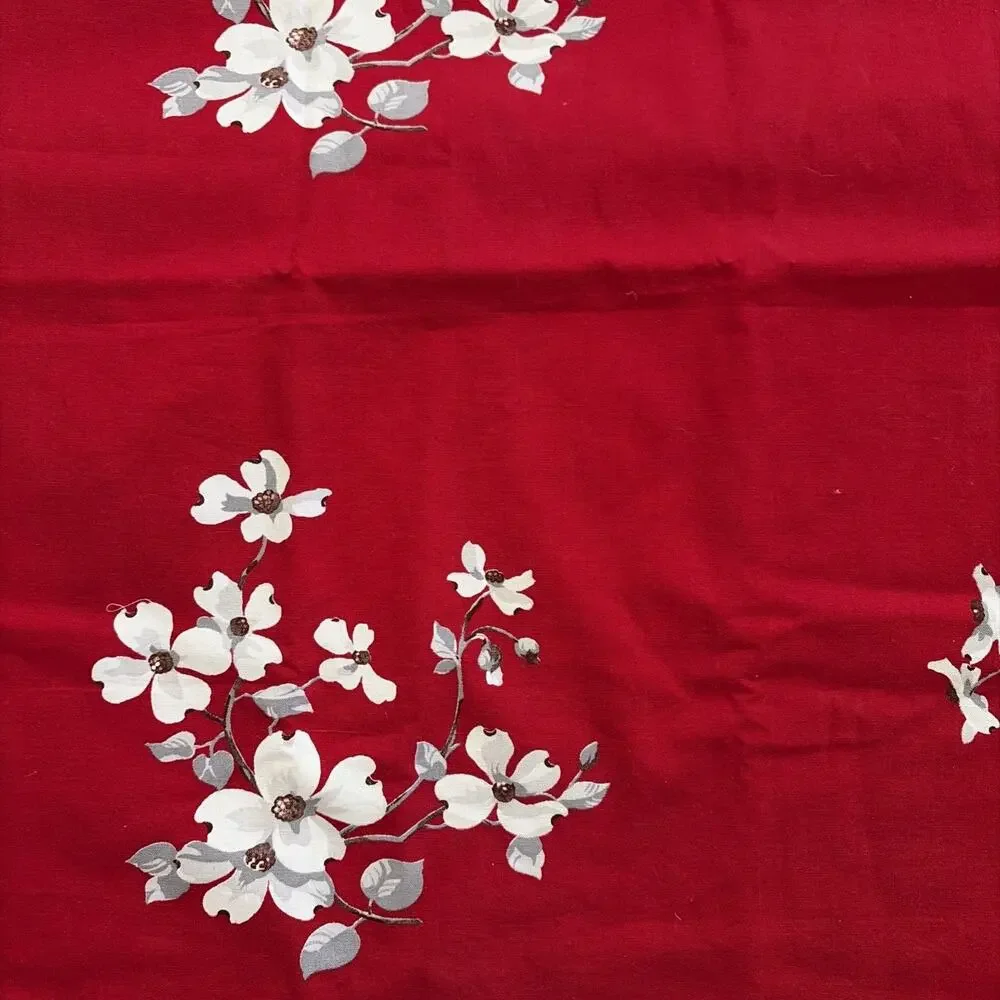 MID Century Vintage Wilendur Tablecloth Red W/ White Dogwood Flowers 53” X 65”